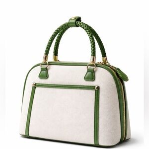 Green & Cream Structured Top Handle Bag – Braided Handle – Gold Hardware